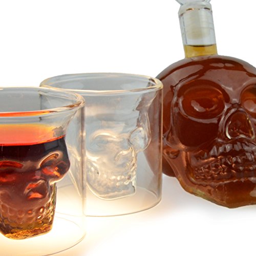 Skull – Flasche (1000 ml) für die Hausbar / Party/ Halloween/ Geschenk im Totenkopfdesign, Vodka -Whiskey – Flasche Kristall – Schädel, Totenkopf, Wein- Dekanter, Schnapsglas, transparent - 6