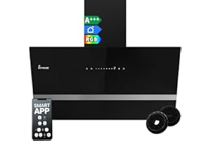 KKT KOLBE Cappa aspirante 90 cm/Cappa Cucina Inclinata/acciaio inossidabile/vetro nero/WiFi/auto spegnimento/Illuminazione LED RGBW/Operazione di tocco / EASY9005SM