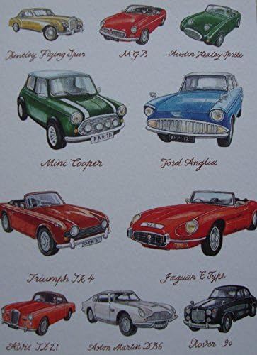 Classic Cars Greetings Card MBG Austin Healey Sprite Rover Bentley Anglia Triumph Alvis