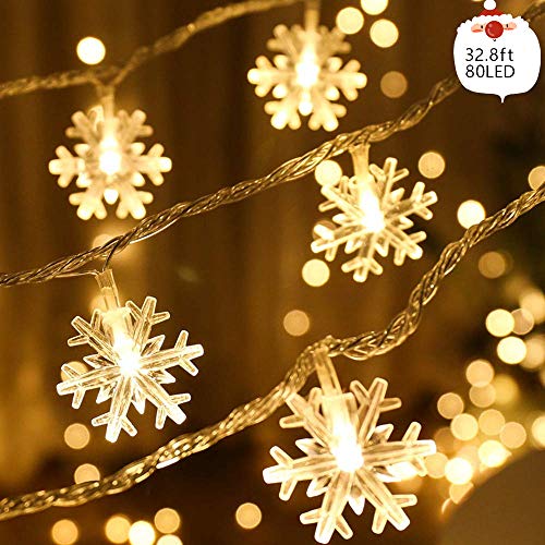 Luces de Navidad con copos de nieve Luces de Navidad con 32.8 pies 80LED Funciona con batería (no incluida), Decoración navideña para la capa del árbol de Navidad Decoración navideña