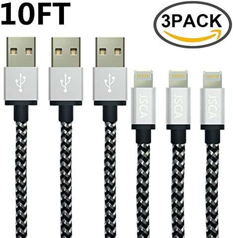 iPhone Cable 3Pack 3m / 10ft KKX Nylon Braided Lightning Cable/ iPhone Cable for iPhone 6 / 6s / 6 plus / 6s plus / 5 / 5s / 5c / SE / 7 / 7 plus - 3 m (10ft) - Silver