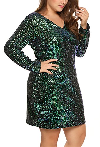 Busyall Damen langärmelig Abendkleid mit Pailletten V-Ausschnitt Partykleider Paillettenkleid Cocktailkleid, Grün, Gr. 42(16W) - 2