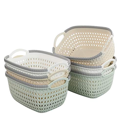 Ikando Paniers Organiseur de Rangement en Plastique avec poignées, Vert Crème et Blanc, Lot de 6