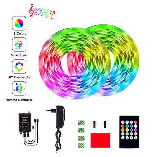 GUSODOR Striscia LED RGB 10M Musica con 300 LEDs SMD 3528 Nastri Led con 20 tasti Telecomando IR Led Illuminazione Strisce Decorative per Casa, Camera da letto, TV, Cucina, Scrivania, bar, Festa