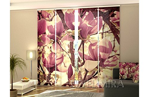 4 Tlg. Flächenvorhang Set Foto Gardinen Vorhänge bedruckt Schiebegardine Magnolie Blumen Fotovorhang Fotogardine