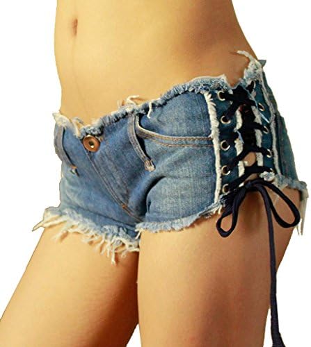 Wgwioo Cut Off Low Waist Shorts Women Denim Jeans Bandage Mini Short Hot Pants Womens Nightclub Clubwear . Black . M