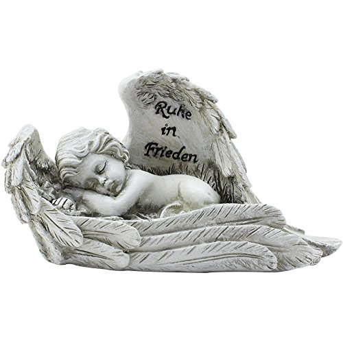 COM-FOUR schlafender Deko Engel in antik-grau, mit Inschrift "Ruhe in Frieden", ca. 19 x 8 x 9 cm