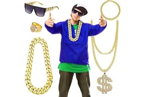 Gohytal Hip Hop Costume Kit, 80s 90s Hip Hop Disco Costume Accessories, Hip Hop Punk Costume Set Sign Gold Chain Kit Punk Costume Set Rings Sunglasses Hippie Glasses for Hippie Rapper Disco Outfit