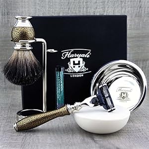 Haryali London Shaving Kit - 6pcs Gold antique - Shaving Set - Badger Shaving Brush - 3 edge Shaving Blade Shaving Razor… - Image 2