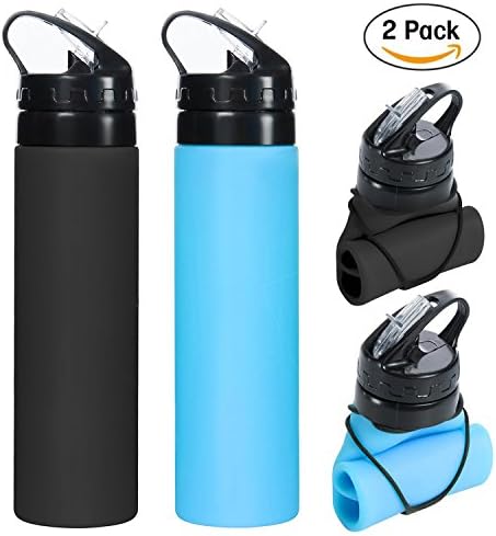 2 Pack Collapsible Sport Water Bottle - 600ML (20.5 oz) Silicone Portable Foldable Water Bottle Leak-Proof Containers Drink Flasks including RACH &amp; FDA Certification - BPA Free. Best Choice Water Storage for Cycling Climbing Running Gym Camping Travel Yoga Hiking