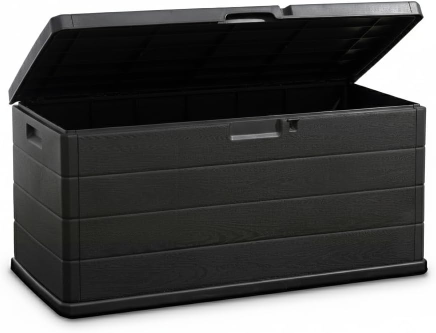 Large Garden Storage Box with Lid - 340L Lockable Plastic Outdoor Storage for Parcels, Cushions, Tools, Logs and More - Grey, Water-Resistant Deck Box for Garden or Garage