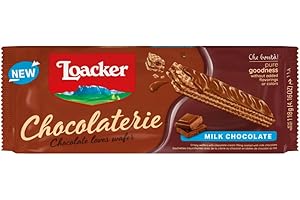 Loacker, Chocolaterie Milk Chocolate, Wafer Fragranti Farciti con 2 Strati di Crema al Cioccolato, Ricoperti di Cioccolato al Latte, Merenda e Snack, 1 Confezione da 118 g