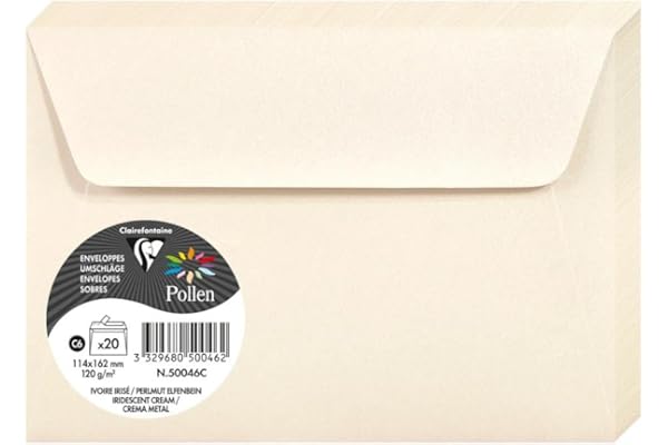 Clairefontaine Enveloppes C6 Ivoire Irisé 120g Auto-Adhésives Lot 20 – Format standard 11,4 x 16,2 cm, Papier Lisse, Invitation Mariage, Faire-Part, Cartes & Correspondance – Pollen – Réf. 50046C