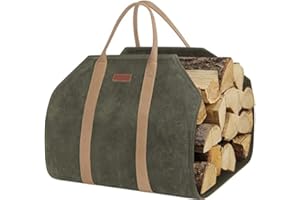 ZORMY Waxed Canvas Log Carrier Tote Bag, Extra Large Durable Firewood Holder with Handles and Shoulder Strap, Heavy Duty Wood Carrying Bag for Fireplaces & Wood Stoves (Green)