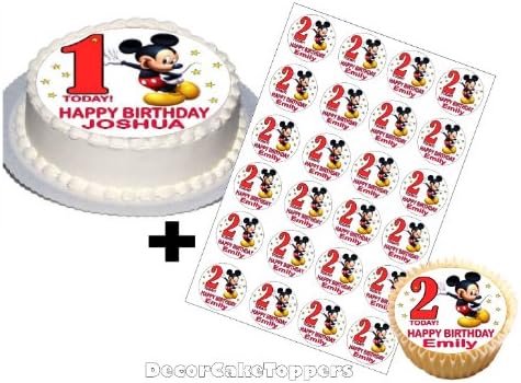 Personalised Mickey or Minnie Mouse Cake Topper with Any Name &amp; Age on Decor Real Edible Icing (Mickey Party Set Round)