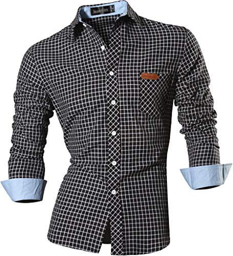 jeansian Hombre Camisa Moda Casual Button Down Slim Fit Long Sleeves Dress Shirt Tops 8615 Black L