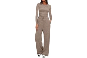 COUAWATICY Two Piece Sets for Women Tracksuit Full Set Long Sleeve Tops Drawstring Elasticized Waist Wide Leg Trousers Casual Lounge Wear Co Ord Sets Matching Activewear Gym Sets