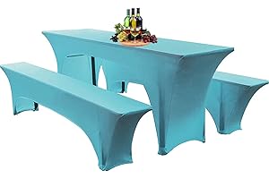 SHUOJIA Elastische Hussen Für Bierzeltgarnitur Biertischhussen Bierbank-Auflage & Tischdecke 50 cm Oder 70 cm Tischbreite, 3 TLG Set Stretch Hussen Für Festzeltgarnituren Bierbank (50cm,Light Blue)