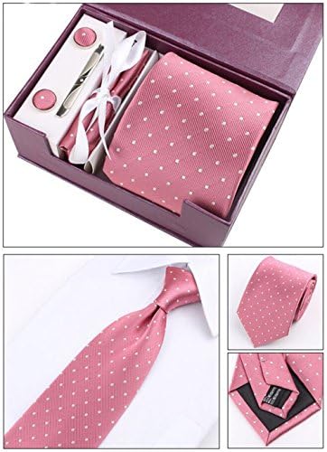 Men's tie boxed set 8.5CM dress dotted tie (1 x necktie 1 x pocket; square X; 2 Cufflinks; 1 x tie clip， 1X gift boxes, 1x paper bags) (pink)