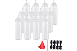 YBCPACK 12 Pack 16 oz（500ml） Plastic Squeeze Squirt Condiment Bottles with Twist On Cap Lids & Label, A Pen, 1 Funnel-Squeeze Sauce Bottles Dispenser for Condiment, Ketchup, Hot Sauce, Oil