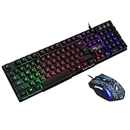 Preisvergleich Produktbild BAKTH LED Hintergrundbeleuchtung Beleuchtete Regenbogen Farben Helligkeit USB Verdrahtete Wasserdicht Gaming Tastatur und Maus Set für Spielen oder Arbeiten