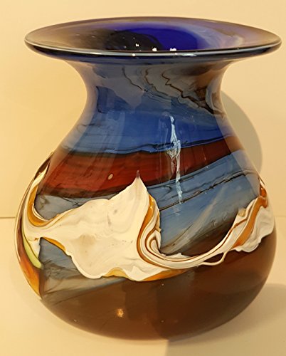 Vase ovale Form, bauchige farbige moderne Glasvase bunte dekorative Blumenvase mit Dekor aus farbigem Glas, mehrfarbig blau-beige marmoriert Tischdekoration mundgeblasen Höhe ca. 19-21 cm Oberstdorfer Glashütte - 5