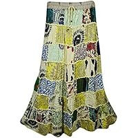 Women's Patchwork Long Skirt Vintage Look Printed A-Line Hippie Chic Festival Skirts Green