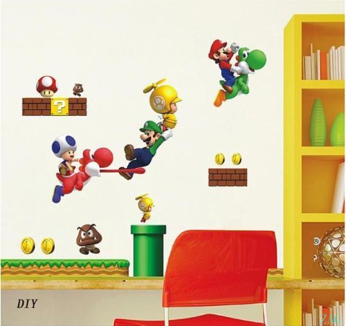 Decus 1 Bl. Super Mario Bros Für Raumdekor entfernbare wiederverwendbare Wandsticker Kinderzimmer Kindergarten Schlafzimmer Kunst Abziehbilder Wandtattoo toller Wandsticker 70cm x 50cm - 2