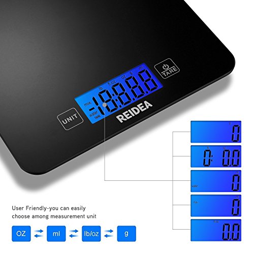 REIDEA Digitale Küchenwaage auf bis zu 1g mit Tara-Funktion, LCD Display und Batterien, 5kg Max, Schwarz - 2