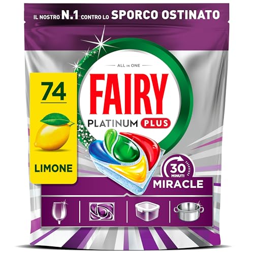 Fairy 30 Minuti Miracle Detersivo Pastiglie Lavastoviglie, 74 Capsule, Limone, Il Nostro N.1 Contro Lo Sporco Ostinato, Potente Anche Nei Cicli Brevi, MEGA Pack