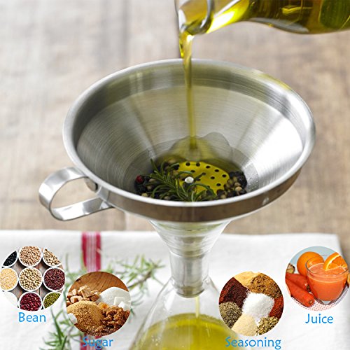 Edelstahl-Trichter, PEMOTech 3 Perfekte Größen von Großen bis zu Kleinen Trichtern, ausgerüstet mit Griff und zwei Stück Abnehmbares Sieb/Filter fürs Kochen, Essentielle Öle, Flaschenfüllung, Übertragen von Liquidem, Flüssigkeit, trockene Zutaten & Pulver, Weinherstellung, Silber. - 2
