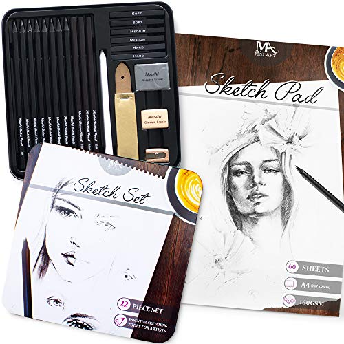 Set da Disegno Professionale in 22 pezzi e Risma di Carta 8.5 x 11 pollici con 60 Fogli da 160 GSM - Kit per Disegnare di Qualità - Ideale per Casa, Ufficio e Scuola - MozArt Supplies