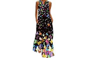 WINKEEY Vestido Maxi para Mujer Estampado Floral Mariposa Bohemio con Bolsillos Sin Mangas Talla Grande