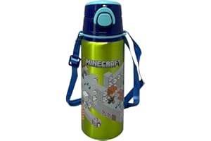 CARTOON Trinkflasche aus Aluminium mit Strohhalm Minecraft 730 ml selbstöffnende Flasche für Kinder mit Tragegurt