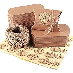100 Piezas Bolsas de Regalo, de Papel Kraft Marrón Almohada Cajas de Regalo con Cuerda de Yute 60M, 100 Piezas regalo adhesivo Pegatinas, Bolsa para Boda Dulces