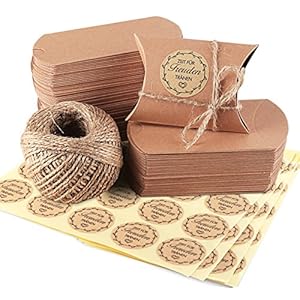 100 Piezas Bolsas de Regalo, de Papel Kraft Marrón Almohada Cajas de Regalo con Cuerda de Yute 60M, 100 Piezas regalo adhesivo Pegatinas, Bolsa para Boda Dulces
