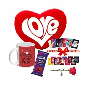 TheYaYaCafe Valentines Day Gifts For Girlfriend, Boyfriend Dairy Milk Silk Chocolate(60g), Love Post Greeting Card, Heart Cushion, 1 Mug+Coaster, 1 Rose Hamper Set of 6