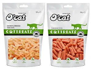 O'Cat Chicken and Broccoli Thin Chips 50 GMS +Tuna Mini Stick Snacks 50 GMS Treats for Cats & Kitten | Dental & Training Cat Treats.