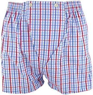3 Pairs of Mens Premium 100% Cotton Boxer Shorts (S, Blue-Red Medium Check)