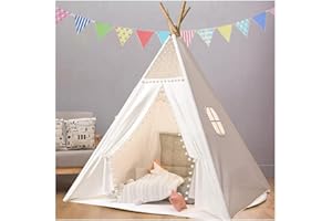 TRAFAGALA Kinder Tipi Zelt kinderzelt für drinnen Beige Leinwand Spielzelt für Kinder mit Wollknäuel und Spitze, Spielhaus für Kinderzimmer Dekor Mädchen kinderspielhaus Indoor
