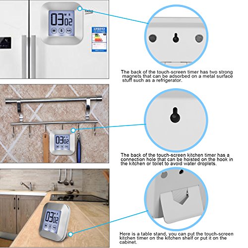 XREXS Touchscreen Digitaler Küchentimer Magnetisch Stoppuhr LCD Display Elektronische Timer Eieruhr mit Stand, lauter Wecker, Kochen Timer für Studium/Workout/Cook (Batterien Inklusive) - 4