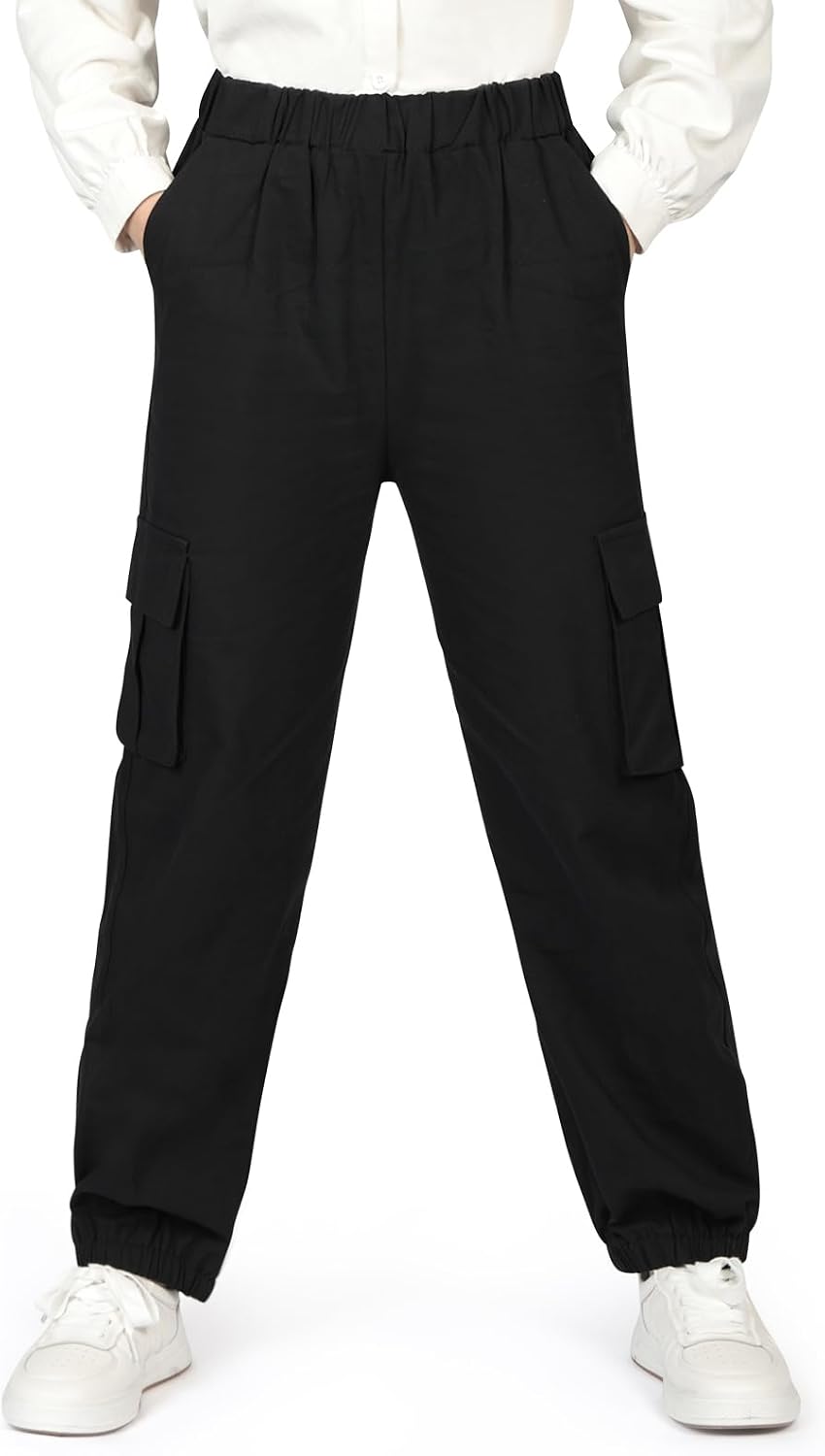 AYBUY Pantalones Cargo para Niños, Pantalones Cargo Junior Jogger con Cintura Elástica, Pantalone Cargos de algodón niño Dos Bolsillos Grandes y 2 Bolsillos Delanteros, Casuale, Negro, 8-13 Años