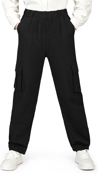 AYBUY Pantalones Cargo para Niños, Pantalones Cargo Junior Jogger con Cintura Elástica, Pantalone Cargos de algodón niño Dos Bolsillos Grandes y 2 Bolsillos Delanteros, Casuale, Negro, 8-13 Años - 1