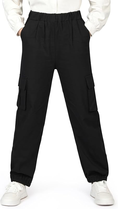 AYBUY Pantalones Cargo para Niños, Pantalones Cargo Junior Jogger con Cintura Elástica, Pantalone Cargos de algodón niño Dos Bolsillos Grandes y 2 Bolsillos Delanteros, Casuale, Negro, 8-13 Años