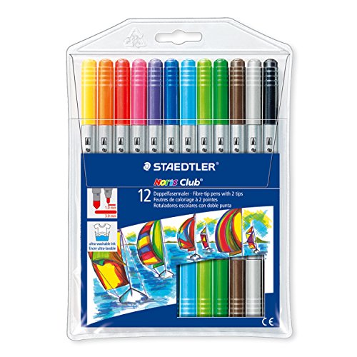 Staedtler 320 NWP12 Doppelfasermaler Noris Club (stabile, eindrucksichere Spitze, auswaschbar, Strichbreite 1-3 mm, Etui mit 12 farblich sortierten Doppelfasermalern)