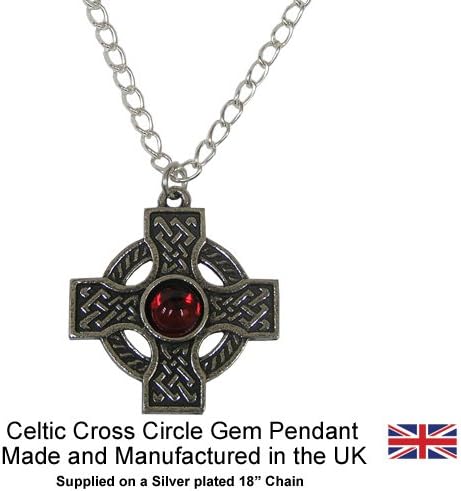 Pewter Celtic cross Jewelry - Red Gem Spiral Cross on a silver chain - made in the uk
