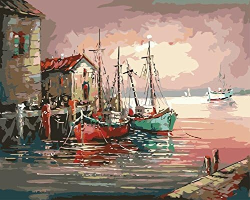 OBELLA Painting by Numbers Kits || Harbor Chalet Boat 50 x 40 cm || Paint by Numbers, Digital Oil Painting (Frameless)
