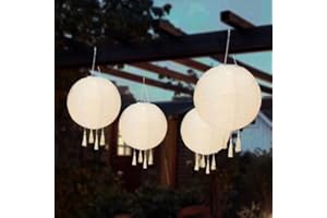 BOMKRA 4PCS Solar Chinese Hanging Garden Lanterns with Tassels IP55 Waterproof Nylon Cloth LED Lights Paper Lanterns for Garden Patio Yard Weddings Birthdays Parties and Events (Champagne)