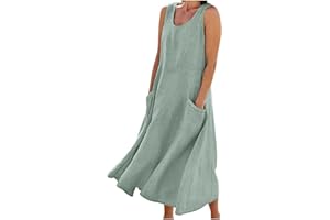AMhomely Fancy Dress for Women UK Party Elegant Casual Solid Color Sleeveless Cotton Linen Long Dress Ladies Trendy Tunic Dresses Activewear Dresses for Vacation Cocktail Formal Work Wedding