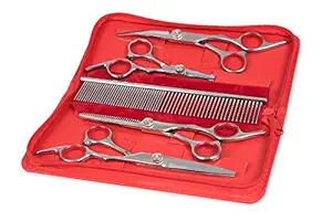 AEXYA Dog Groom Hair Scissors Kit Pet Grooming Shears Set Stainless Steel Straight, thinning and Curved Sharp Shears for Small or Large Dogs, Cats or Other Pets (4 Scissors Red Case)